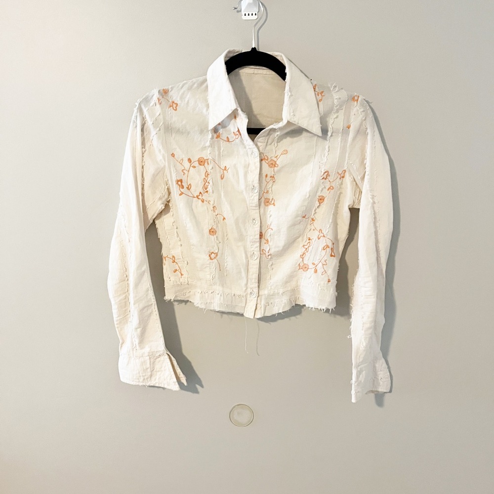 Annie USA White Raw Seam Floral Embroidered Cropped Cotton‎ Shirt cowgirl small
